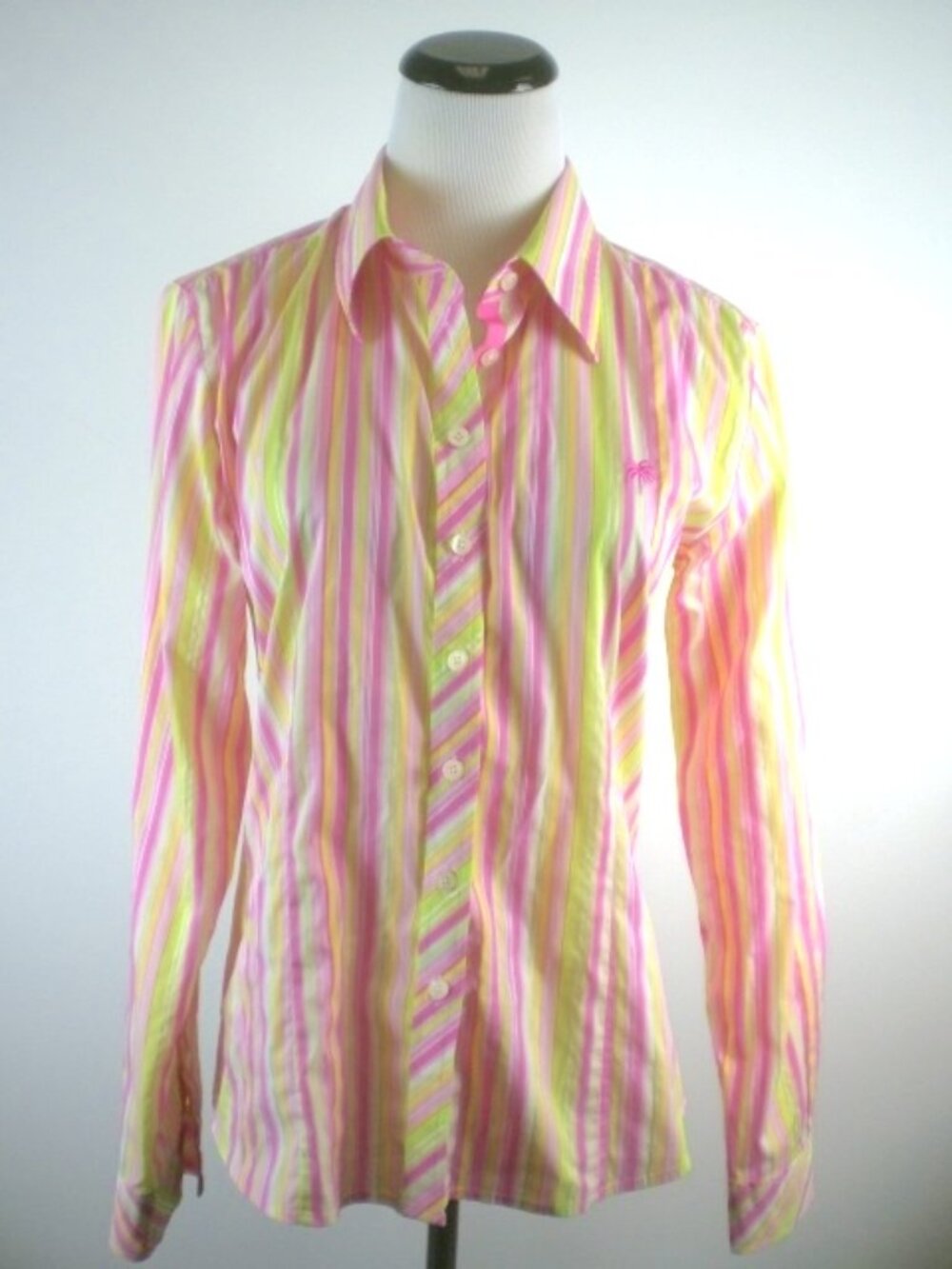 Lilly Pulitzer pink green white stripe button up cotton stretch shirt 8